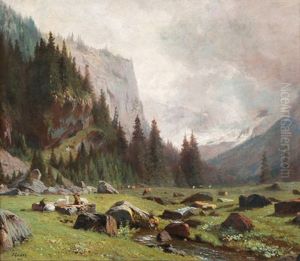 Gebirgstal Mit Weidenden Kuhen Und Ziegen by Johann-Joseph Geisser
