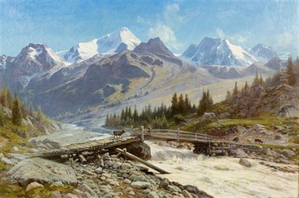 Gebirgspartie Im Val D'arolla Mit Hirten Auf Einer Brucke - view 1