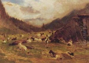 Ruhende Ziegenherde Auf Einer Alp by Johann-Joseph Geisser