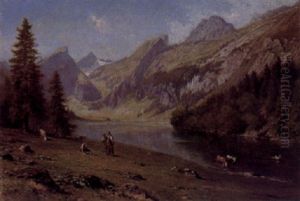 Figures In An Alpine Lake Landscape by Johann-Joseph Geisser