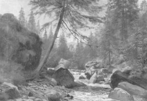 Bewaldete Landschaft Mit Fluss In Felsigem Bett by Johann-Joseph Geisser