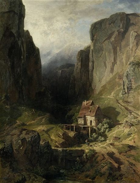 Muhle In Einer Gebirgsschlucht Mit Figurenstaffage - view 1