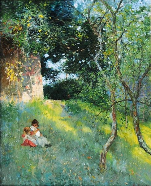Children With Rabbits In The Garden - view 1