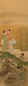 Beauties With A Boy Holding A Telescope by Ogata Gekko