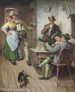 Hausmusik Und Liebespaar In Der Stube by Franz Gelbenegger