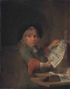 Portrait Of A Boy, Half-length, In A Green Coat With Red Sleeves And A Black Hat, Holding A Print, By A Table With An Open Box Of Drawings