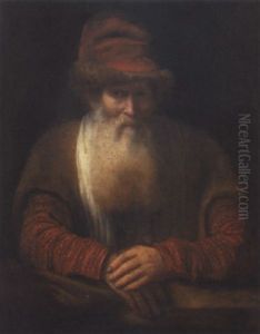 Portrait Of An Old Bearded Man, Wearing A Red Hat And A Brown Coat, Resting On A Ledge by Aert De Gelder
