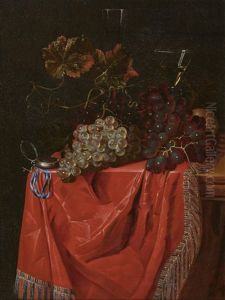 Still Life Of Grapes, A Clock And Wine Glasses by Nicolaes Van Gelder