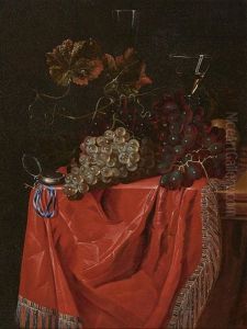 Still Life With Grapes, A Clock And Wine Glasses