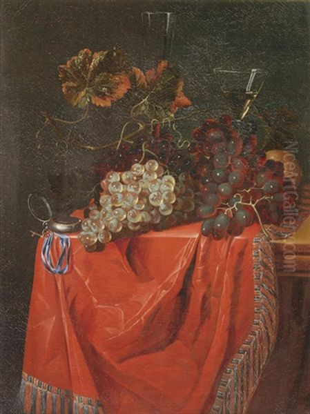 Grapes On A Draped Table With Glasses And A Clock - view 1