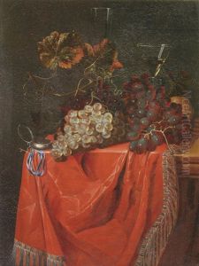 Grapes On A Draped Table With Glasses And A Clock by Nicolaes Van Gelder