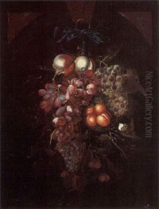 A Still Life Of Apples, Red And White Grapes, Peaches And Cherries Hanging From A Blue Ribbon, With A Butterfly, In A Niche by Nicolaes Van Gelder