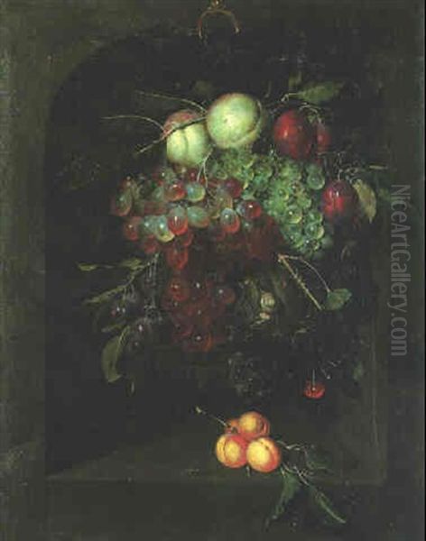 A Swag Of Fruit In A Stone Niche With A Bee - view 1