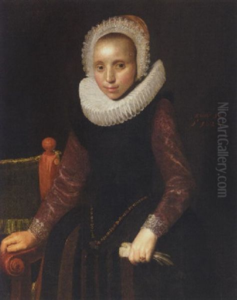 Portrait Of A Young Lady Wearing A Black Dress, With Purple Sleeves With And Elaborate Ruff And Headress - view 1