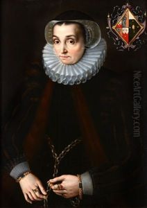 Portrait Of A Lady, Three-quarter Length, In A Black Dress And Fur-lined Coat, Lace Ruff And Cap With The Sitter's Coat-of-arms by Gortzius Geldorp