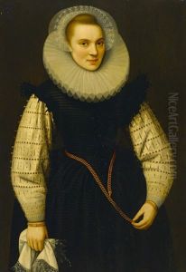 A Portrait Of A Lady, Three-quarter Length, Holding A Handkerchief In Her Right Hand, And Wearing Matching Gold Bracelets And An Ornate Gold Chain About Her Waist