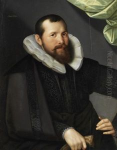 Portrait Of A Gentleman, Half-length, In Black Costume, Before A Green Curtain by Gortzius Geldorp