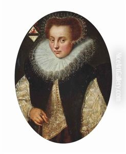 Portrait Of A Lady, Half-length, In A White And Gold Dress, With A Ruff And Lace Cap