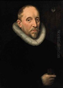 Portrait Of A Gentleman In A Black Costume With A White Collar, Holding A Pair Of Gloves