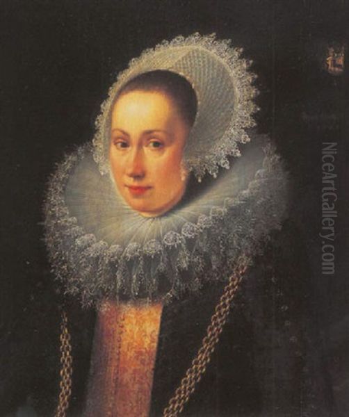 Portrait Of A Lady In A Black Dress With A Gold Embroidered Bodice, A Ruff And Headdress With A Gold Chain - view 1