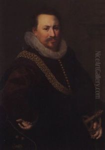 Portrait Of A Gentleman Wearing A Crimson Jacket, With A Black Mantle, Bearing A Sword At His Side