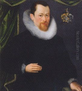 Portrait Of A Gentleman Standing By A Table Before A Curtain, Wearing Black Costume With Lace Collar And Cuffs