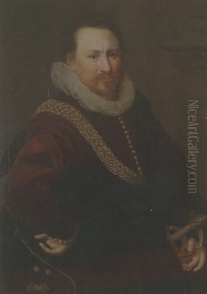 Portrait Of A Gentleman Wearing A Crimson Jacket With A Black Mantle - view 1