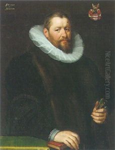 Portrait Of A Gentleman, Wearing Fur Trimmed Coat, Holding A Pair Of Gloves, And Resting His Right Hand On A Book
