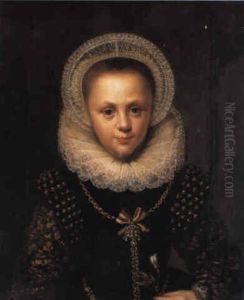 Portrait Of A Girl In A Black Dress And White Lace Ruff Holding A White Rose