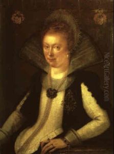 Portrait Of A Lady Seated Table Wearing Pearls And A Brooch