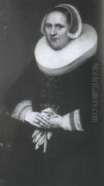 Portrait Of A Lady, Standing Three-quarter Length, In A Black Dress With A Ruff And A Lace Bonnet, Holding Gloves - view 1