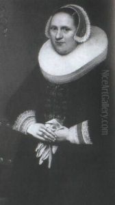 Portrait Of A Lady, Standing Three-quarter Length, In A Black Dress With A Ruff And A Lace Bonnet, Holding Gloves by Gortzius Geldorp