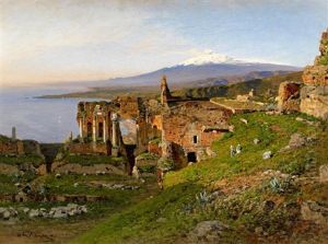 Taormina. Blick Uber Die Ruinenstadt Im Morgenlicht. Im Hintergrund Der Schneebedeckte Atna