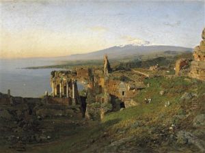 Taormina. Blick Uber Die Ruinenstadt Im Morgenlicht. Im Hintergrund Der Schneebedeckte Atna by Otto Geleng