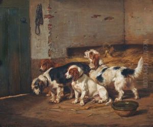 Vier Jagdhunde Im Stall by Jules Bertrand Gelibert