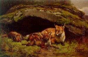 A Vixen And Cubs By Their Den