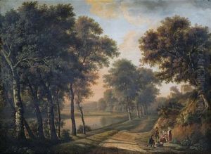 Abendliche Sommerlandschaft Mit Einer Bauernfamilie Am Wegrand