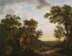 Lustige Gesellschaft Vor Der Waldmuhle (collab. W/marinus Adrianus Koekkoek) by Maximilien Lambert Gelissen