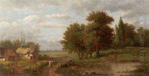 Landliche Szene. Bauernkaten Vor Der Silhouette Einer Sadt by Maximilien Lambert Gelissen