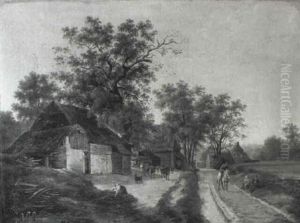 Farmhouses With Sheep, Cows And Peasants by Maximilien Lambert Gelissen