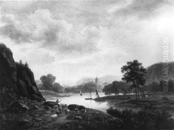 An Extensive Landscape With A Herd On The Bank Of A River - view 1