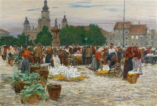 Hustle And Bustle By The Samson Fountain In The Market Place At Budweis - view 1