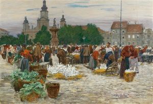 Hustle And Bustle By The Samson Fountain In The Market Place At Budweis by Johann Nepomuk Geller
