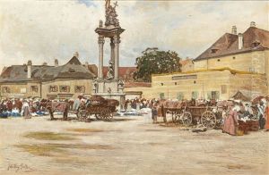 Market In Front Of The Holy Trinity Column In Krems By The Danube by Johann Nepomuk Geller
