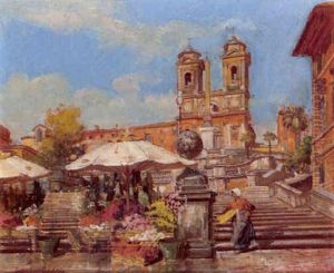 Blumenmarkt Am Fus Der Spanischen Treppe, Im Hintergrund Trinita De Monti, Rom