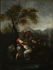 Landscape With Bathing Woman And Herdsmen by Toussaint Gelton