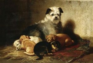 Der Mittagsschlaf. Junge Hundin Bei Ihrem Schlafrigen Nachwuchs by Bernard de Gempt