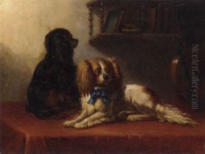 Two King Charles Spaniels With A Lute On A Draped Table
