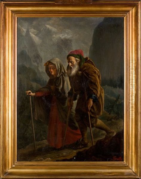 Couple Age Sur Un Chemin De Montagne, L'homme Avec Ses Bequilles, La Femme Avec Sa Canne - view 1