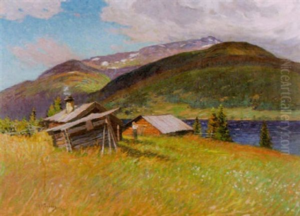 Norrlandskt Sommarlandskap Med Byggnader Vid Alven - view 1